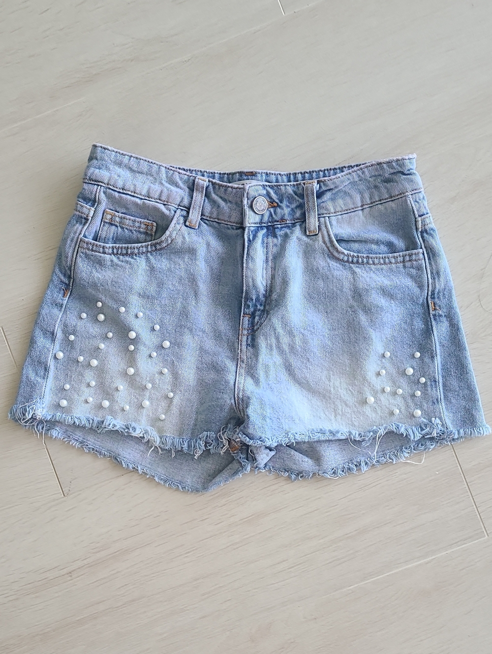 Zara Denim Shorts With Pearl Embellishment